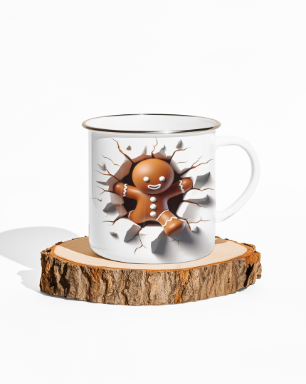 Cană metalică emailată Crăciun cu om de turtă dulce